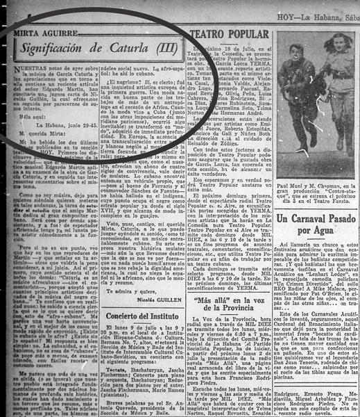 Carta de Guillén a la redactora de Noticias de Hoy, el periódico habanero. El texto aclara conceptos relacionados con el sentido cubano de la música de Caturla. (Fotocopia Luis Machado Ordetx). Carta de Guillén a la redactora de Noticias de Hoy, el periódico habanero. El texto aclara conceptos relacionados con el sentido cubano de la música de Caturla. (Fotocopia Luis Machado Ordetx).