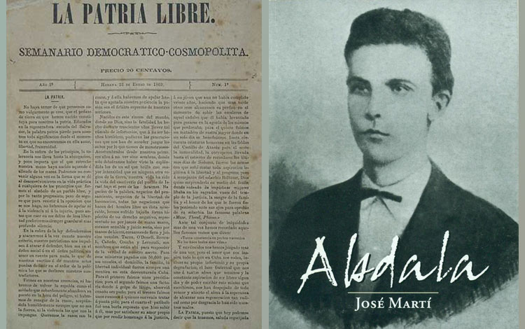 Foto de José Martí joven y del periódico La Patria Libre donde publicó el poema Abdala.