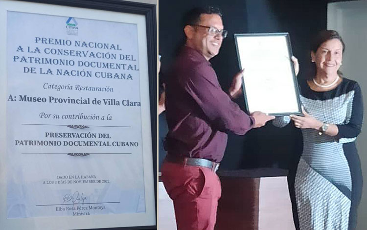 Andy Guerra Rodríguez, director del Museo Provincial de Villa Clara, recibe el Premio Nacional a la Conservación del Patrimonio Documental, recibido por esta institución.