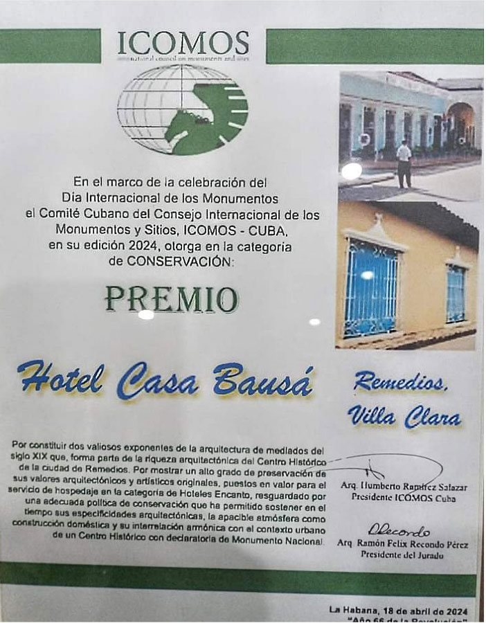 Diploma del Premio de Conservación al Hotel Casa Bausá, de Remedios.