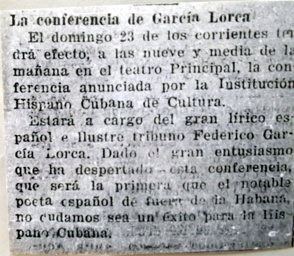 Información sobre la presencia de García Lorca en Sagua la Grande.