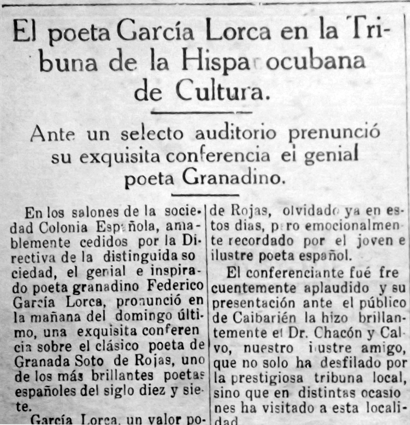 Información sobre la presencia de Lorca en Caibarién.