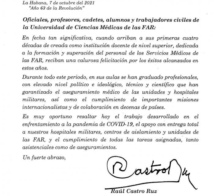 Carta de felicitación de Raúl a la Universidad e Ciencias Médicas de las FAR.