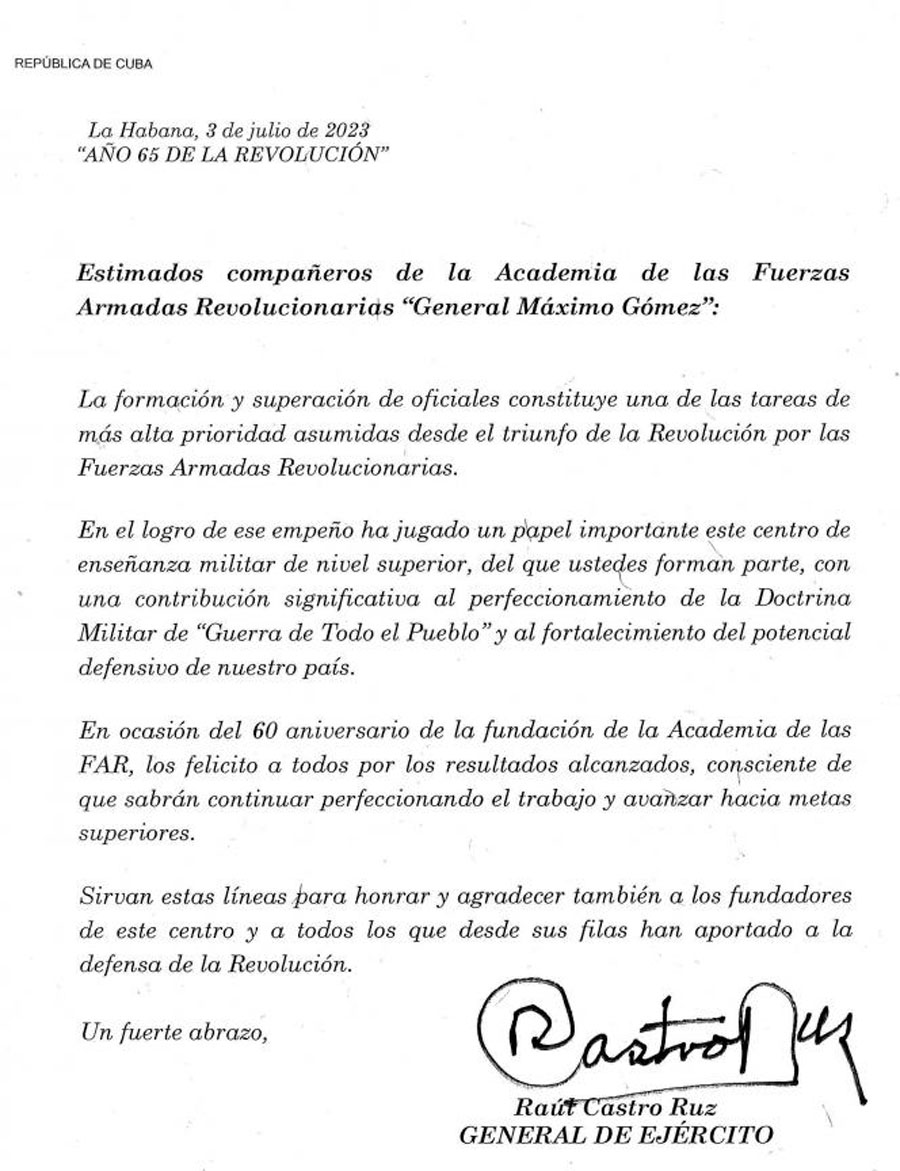 Carta del General de Ejército Raúl Castro Ruz por el aniversario 60 de la Academia de las FAR Máximo Gómez.