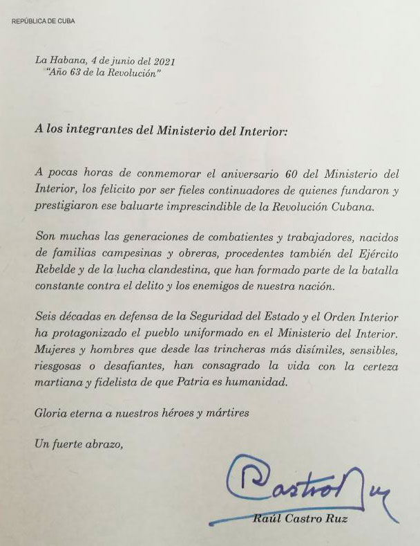 Carta de Raúl Castro Ruz por el aniversario 60 del Minint. Carta de Raúl Castro Ruz por el aniversario 60 del Minint.
