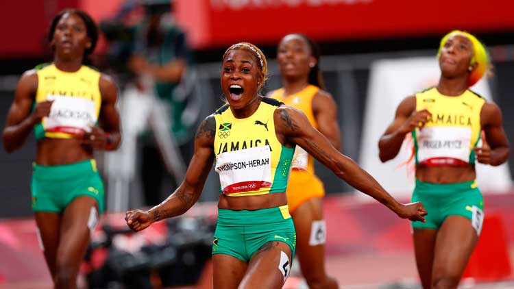 Elaine Thompson (oro), Shelly-Ann Fraser-Pryce (plata) y Shericka Jackson (bronce) en los 100 m planos del atletismo. Elaine Thompson (oro), Shelly-Ann Fraser-Pryce (plata) y Shericka Jackson (bronce) en los 100 m planos del atletismo.