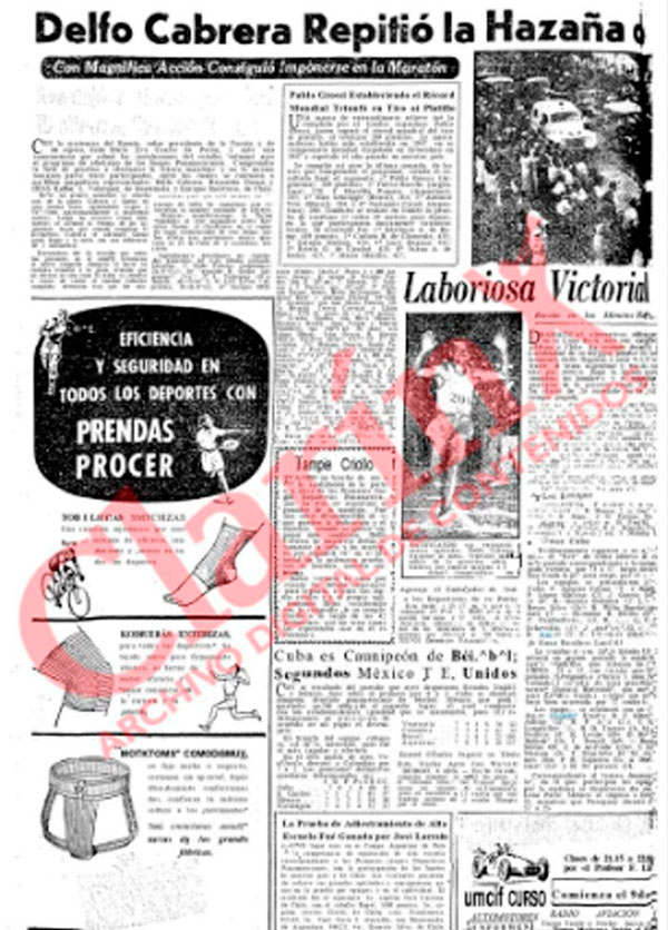 Periódico Clarín refleja el triunfo de Delfo Cabrera en la maratón de los Panamericanos de Buenos Aires 1951.