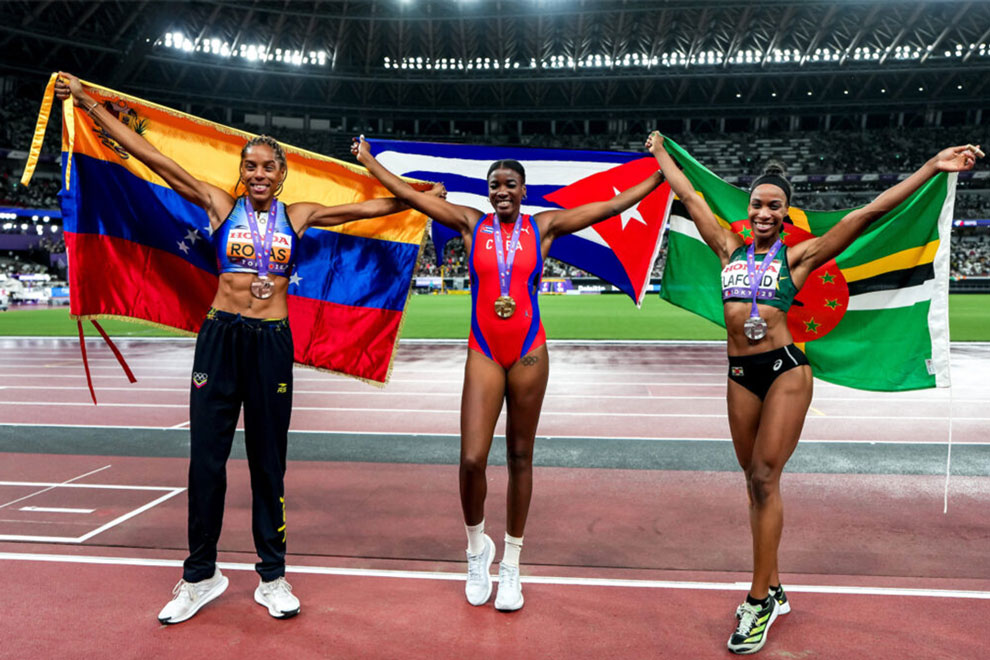 Yulimar Rojas (bronce), Leyanis Pérez (oro) y Thea Lafond (plata).