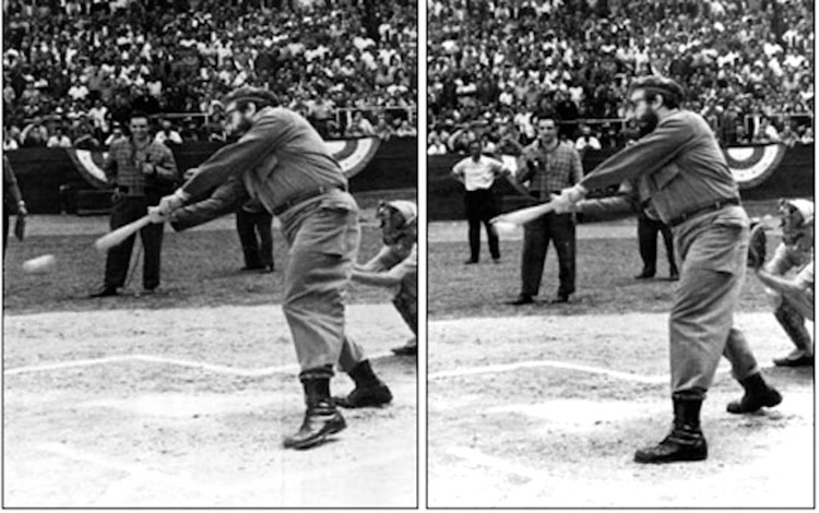 Fidel Castro batea en a inauguración de la ! Serie Nacional de Béisbol de Cuba.