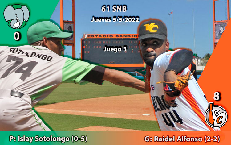 Ilay Sotolongo (perdedor) y Raidel Alfondo (ganador) del tercer juego entre  Cienfuegos y Villa Clara.