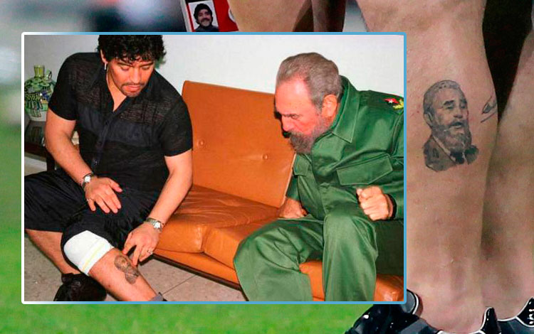 Diego Armando Maradona muestra a Fidel Castro Ruz el tatauje con su imagen en la pierna izquierda. Diego Armando Maradona muestra a Fidel Castro Ruz el tatuaje con su imagen en la pierna izquierda.