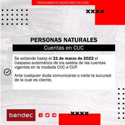 Anuncio sobre extensión de plazo de las cuentas en CUC para personas naturales.