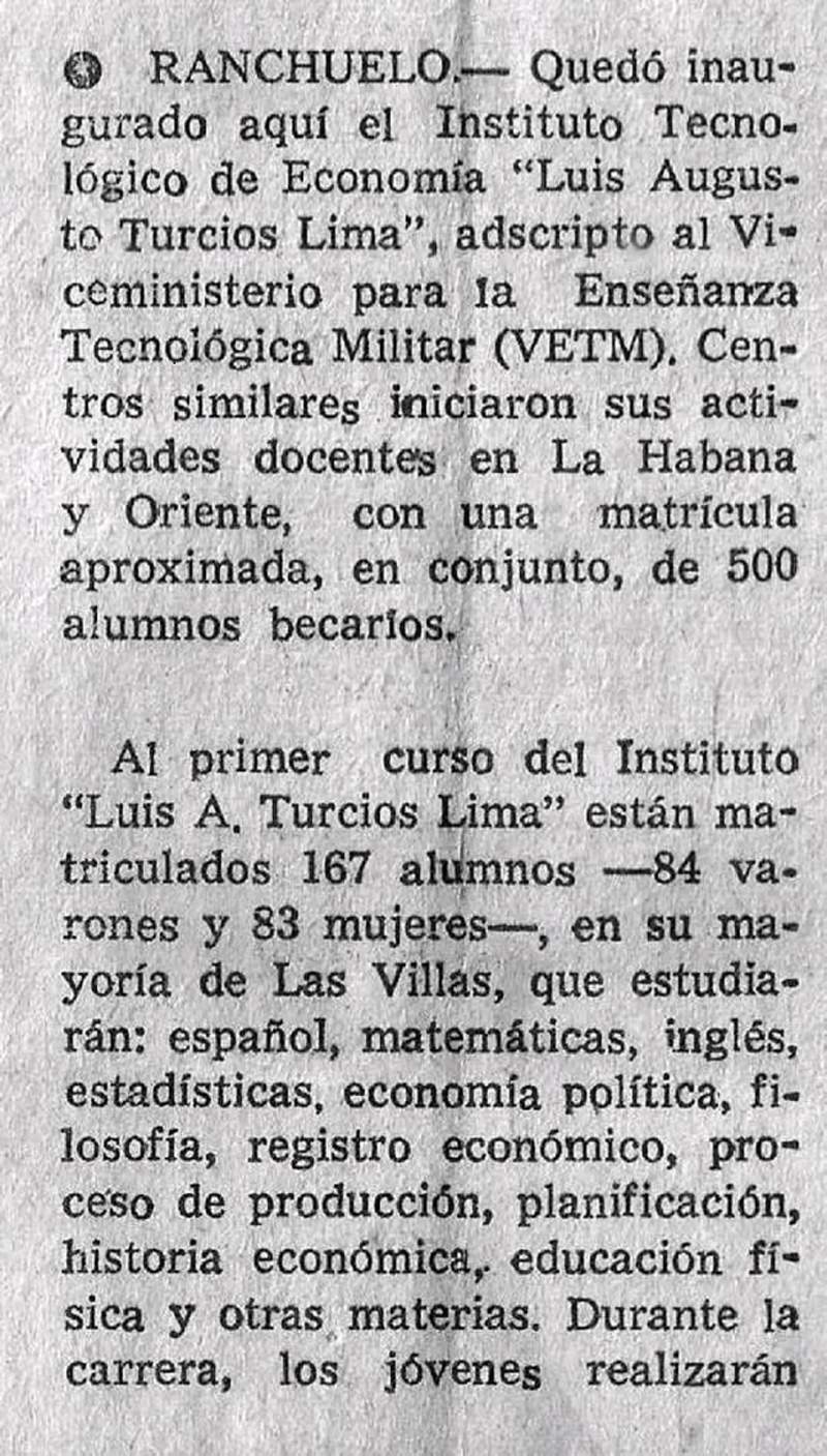 Información de la inauguración del del Instituto Luis Augusto Turcios Lima.