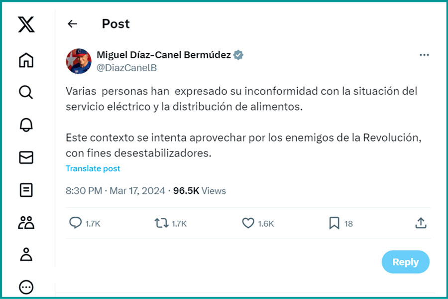 Tuit del presidente cubano, Miguel Díaz-Canel.