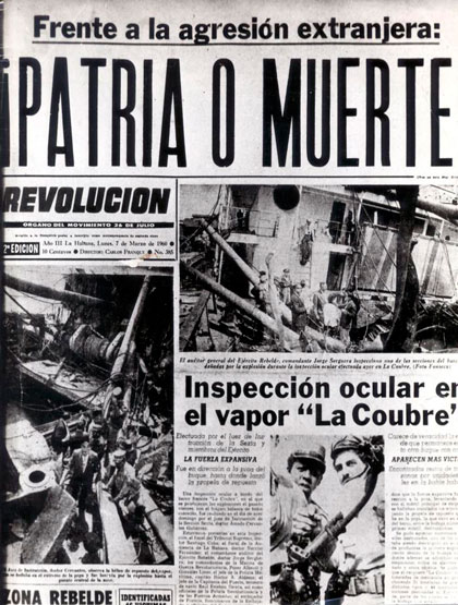 Consigna de Patria o Muerte en periódico Revolución, del 7 de marzo de 1960. Consigna de Patria o Muerte en periódico Revolución, del 7 de marzo de 1960.
