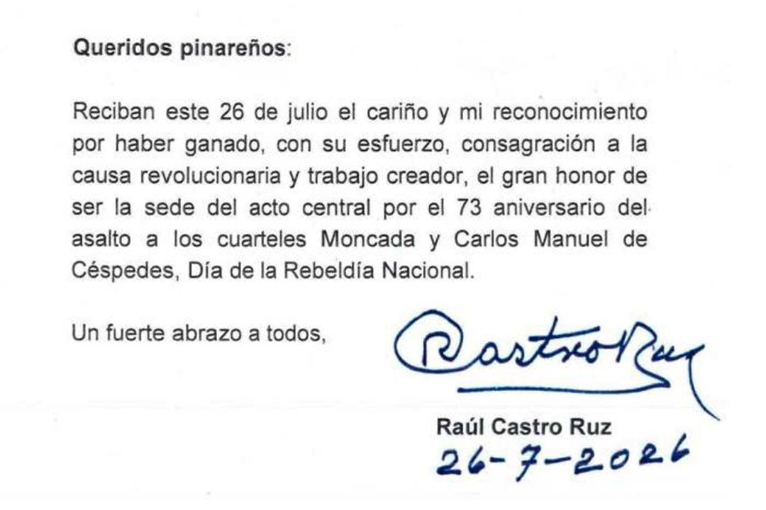 Mensaje de Raúl Castro al pueblo de Pinar del Río.