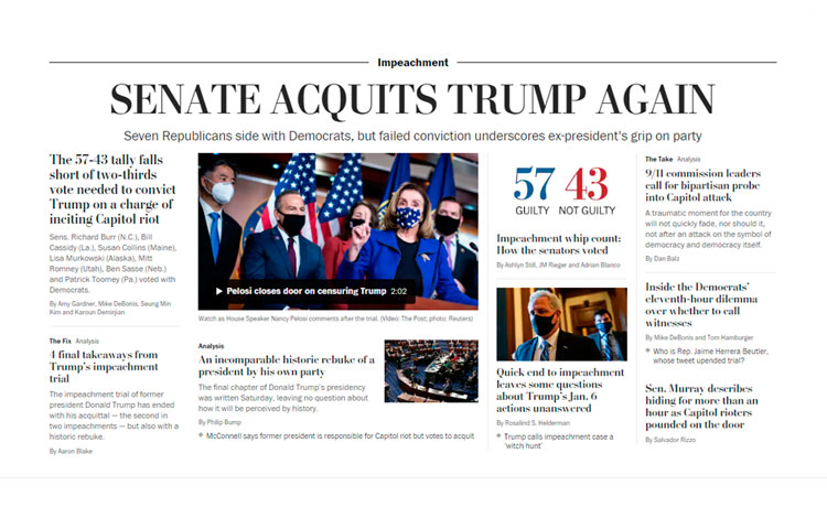 Periódico The Washinton refleja absolución de expresidente Donald Trupm, por el Senado.