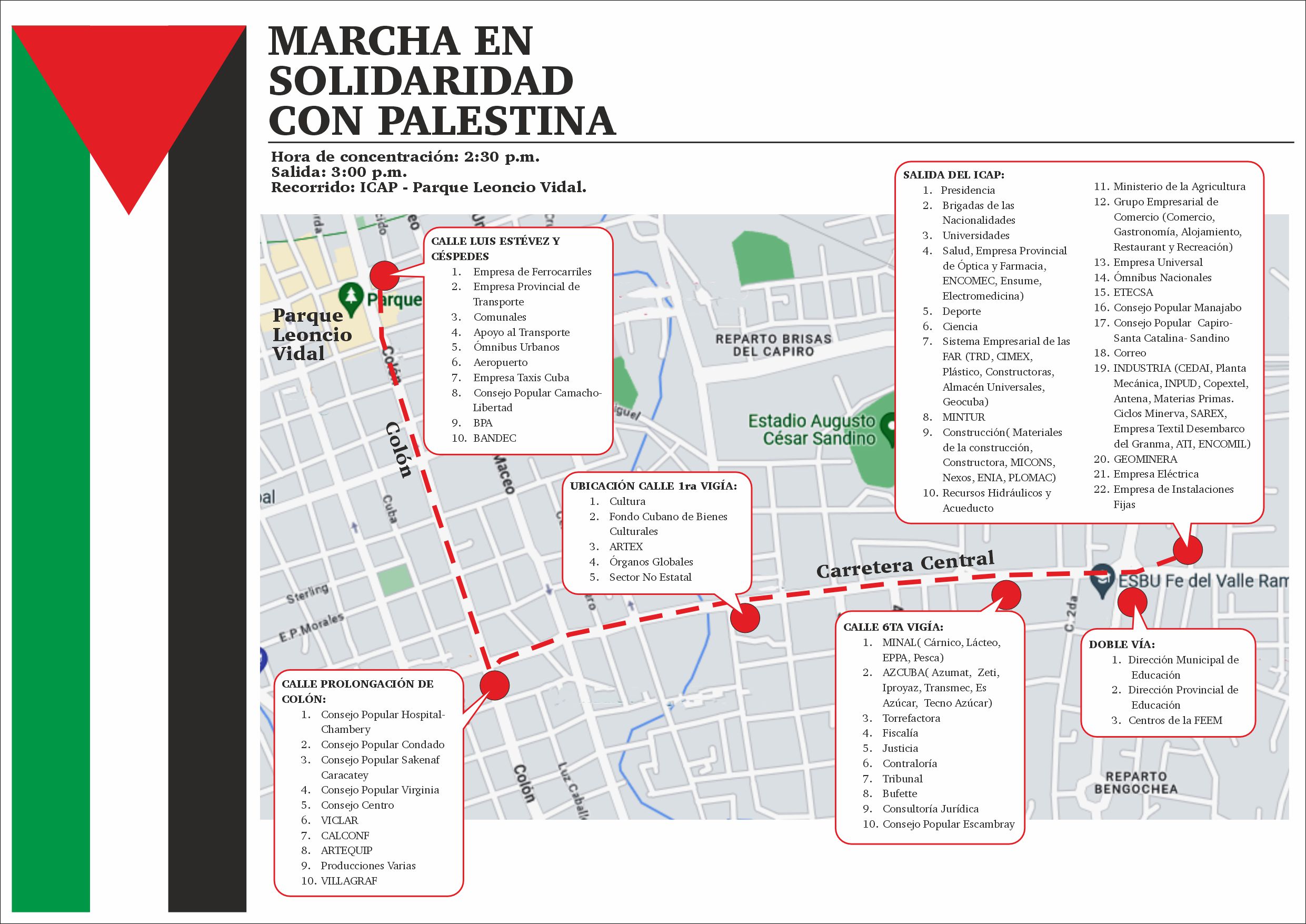 Mapa del recorrido de la marcha por la paz y el cese de la guerra entre Israel y Palestina