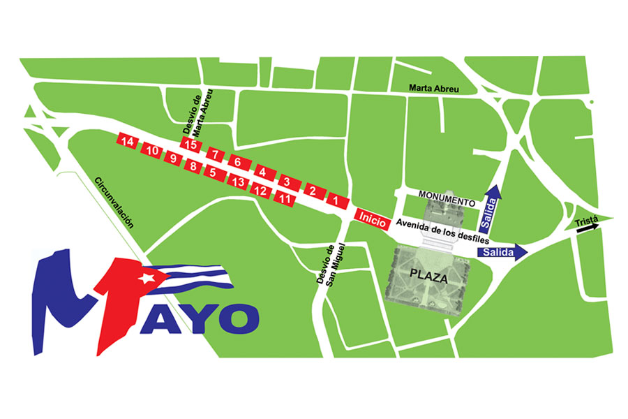 Mapa con ubicación de los sindicatos en el desfile del Primero de Mayo de 2024 en Santa Clara.