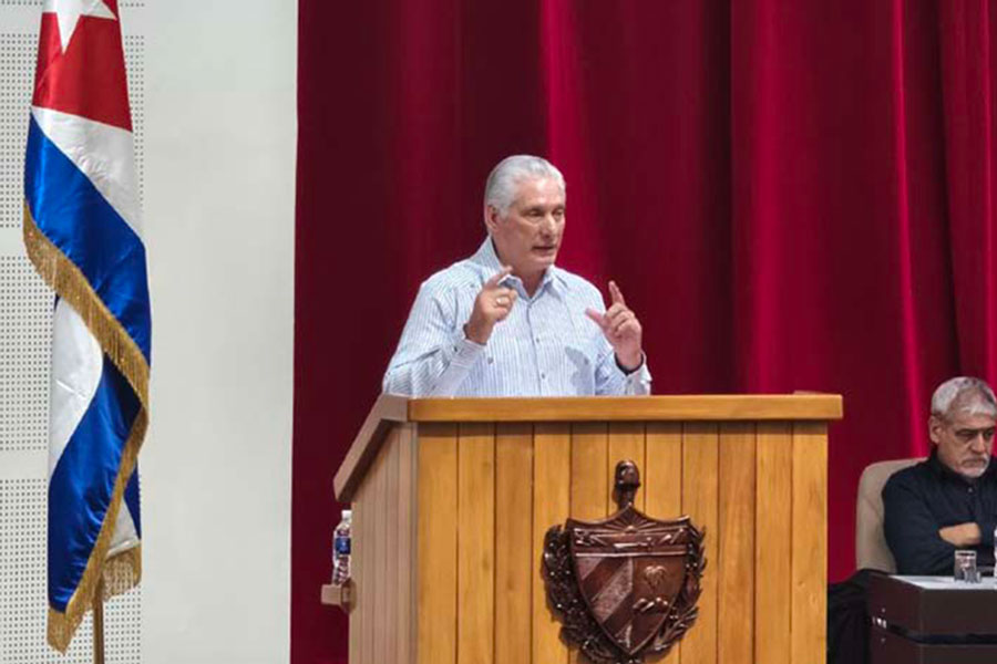 Miguel Díaz-Canel, presidente cubano, interviene en el Encuentro Internacional de Solidaridad con Cuba.