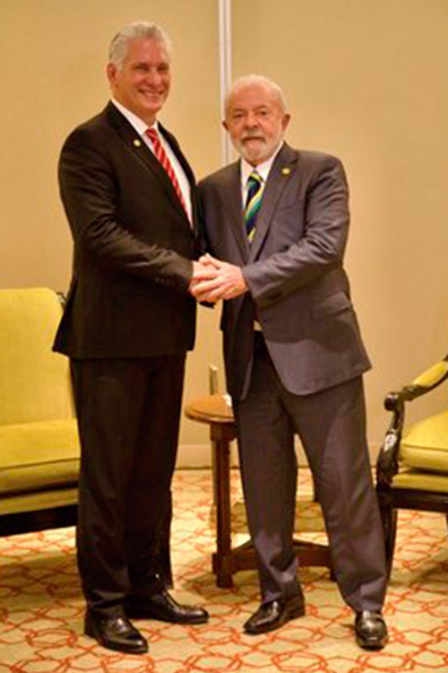 Encuentro de los presidentes de Cuba, Miguel Díaz-Canel Bermúdez, y de Brasil,Miguel Díaz-Canel y Luiz Inácio Lula Da Silva,.
