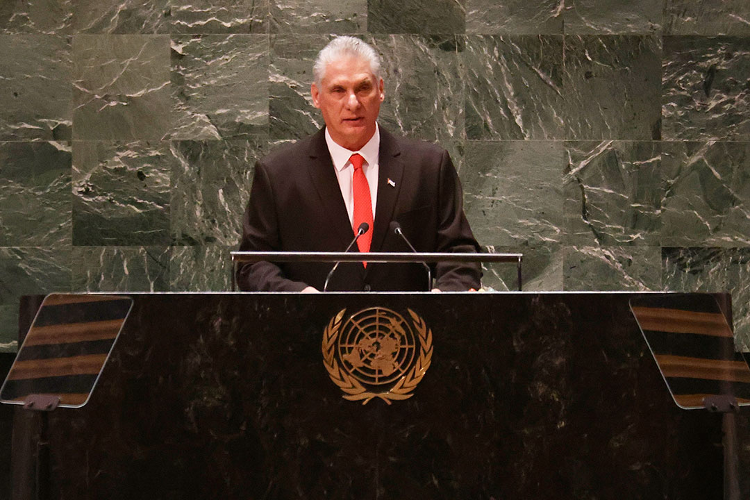 Presidente cubano, Miguel Díaz-Canel, pronuncia discurso en la Discurso del presidente cubano, Miguel Díaz-Canel, en la Cumbre sobre los Objetivos de Desarrollo Sostenible, en Nueva York, el 18 de septiembre de 2023.