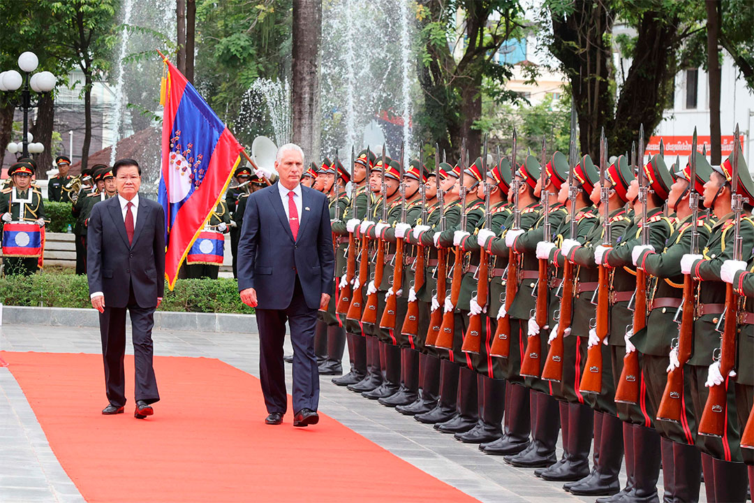 Recibimiento oficial al presidente de Cuba, Miguel Díaz-Canel, en visita a la República Democrática Popular Lao.