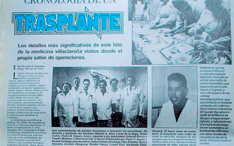 Información sobre el primer trasplante de médula ósea en Villa Clara, publiicada por el periódico Vanguardia.
