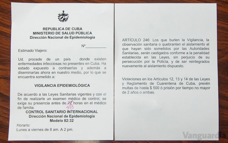 Tarjeta de advertencia sanitaria que reciben los viajeros al entrar a Cuba.